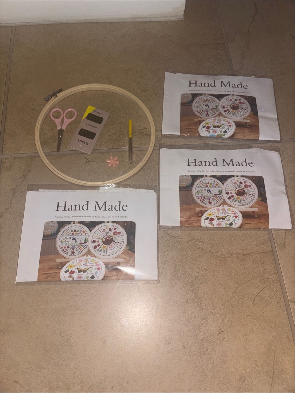 Hand Made Embroidery Kit with Hoop and Scissors - Pink Accents